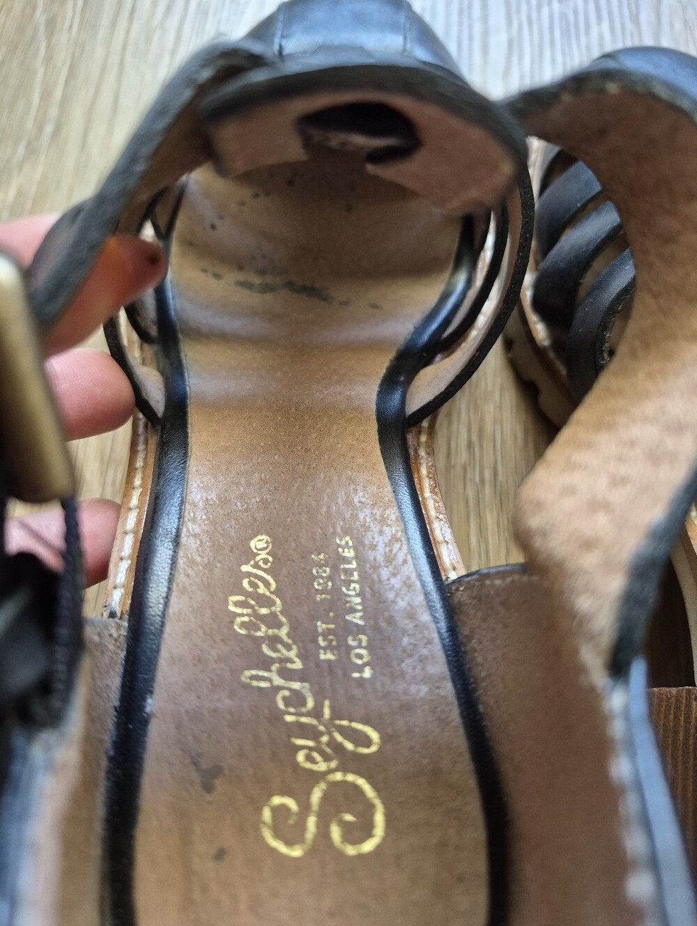 Seychelles Black Leather Strappy Caged Block Heel Sandal Shoe Women's Size 7.5 - Picture 10 of 12